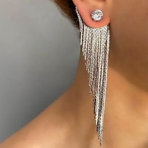 Crystal Shiny Rhinestone Tassel Decor Silver Earrings